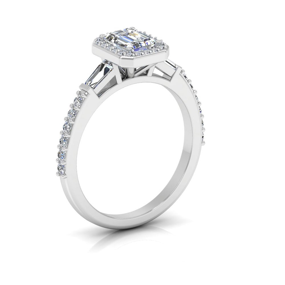 Baguette & Round Cut Halo Moissanite Engagement Ring side