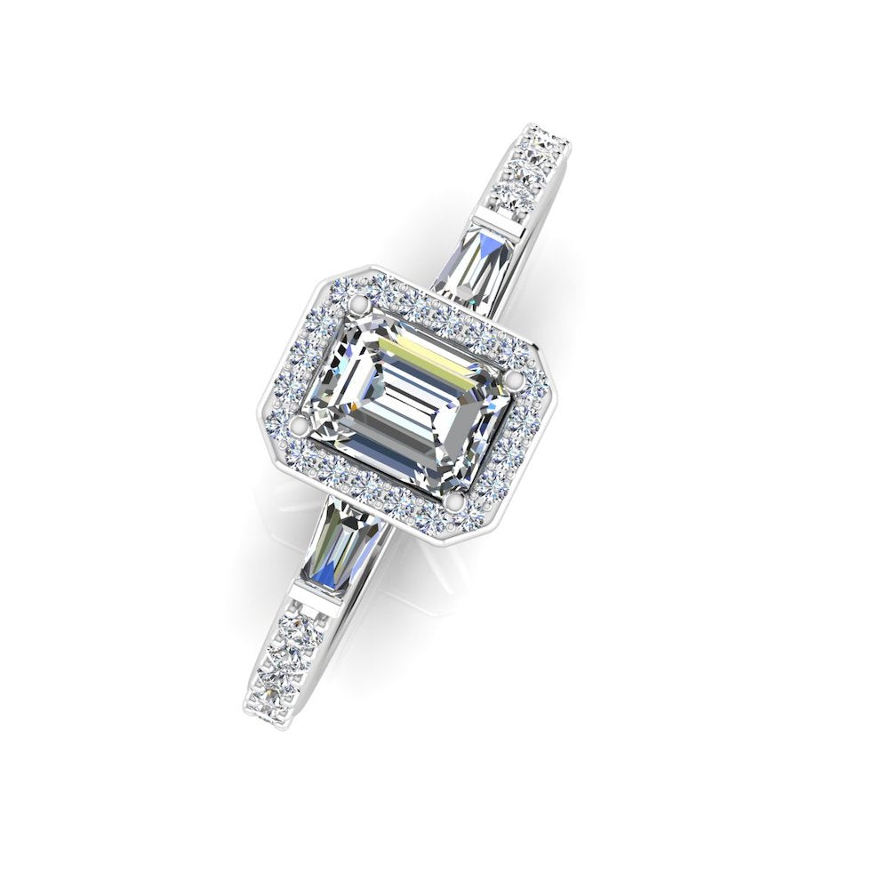 Baguette & Round Cut Halo Moissanite Engagement Ring top