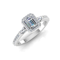 Baguette & Round Cut Halo Moissanite Engagement Ring
