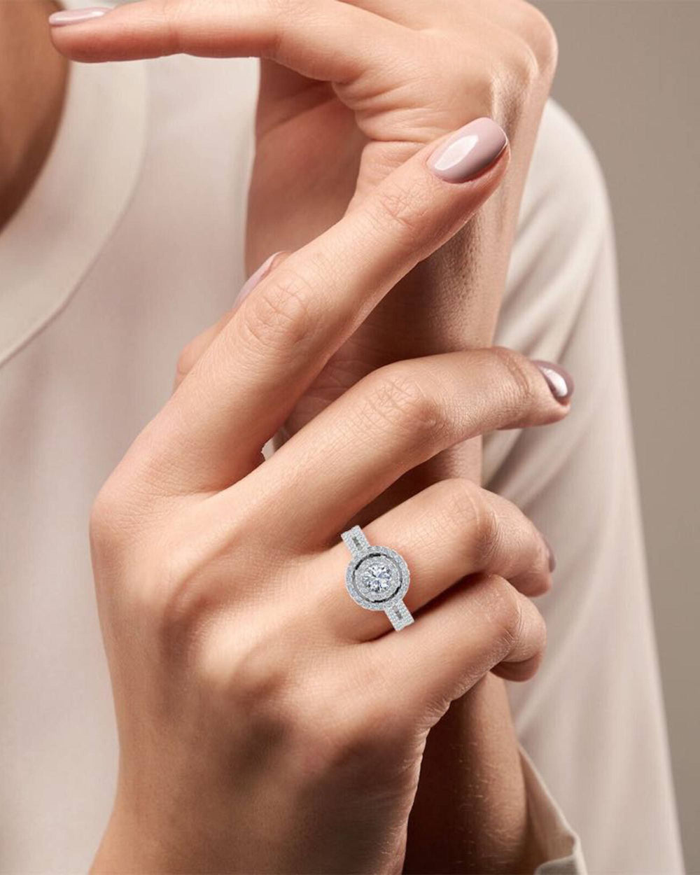 brilliant cut double halo split shank moissanite engagement ring icecartel hand