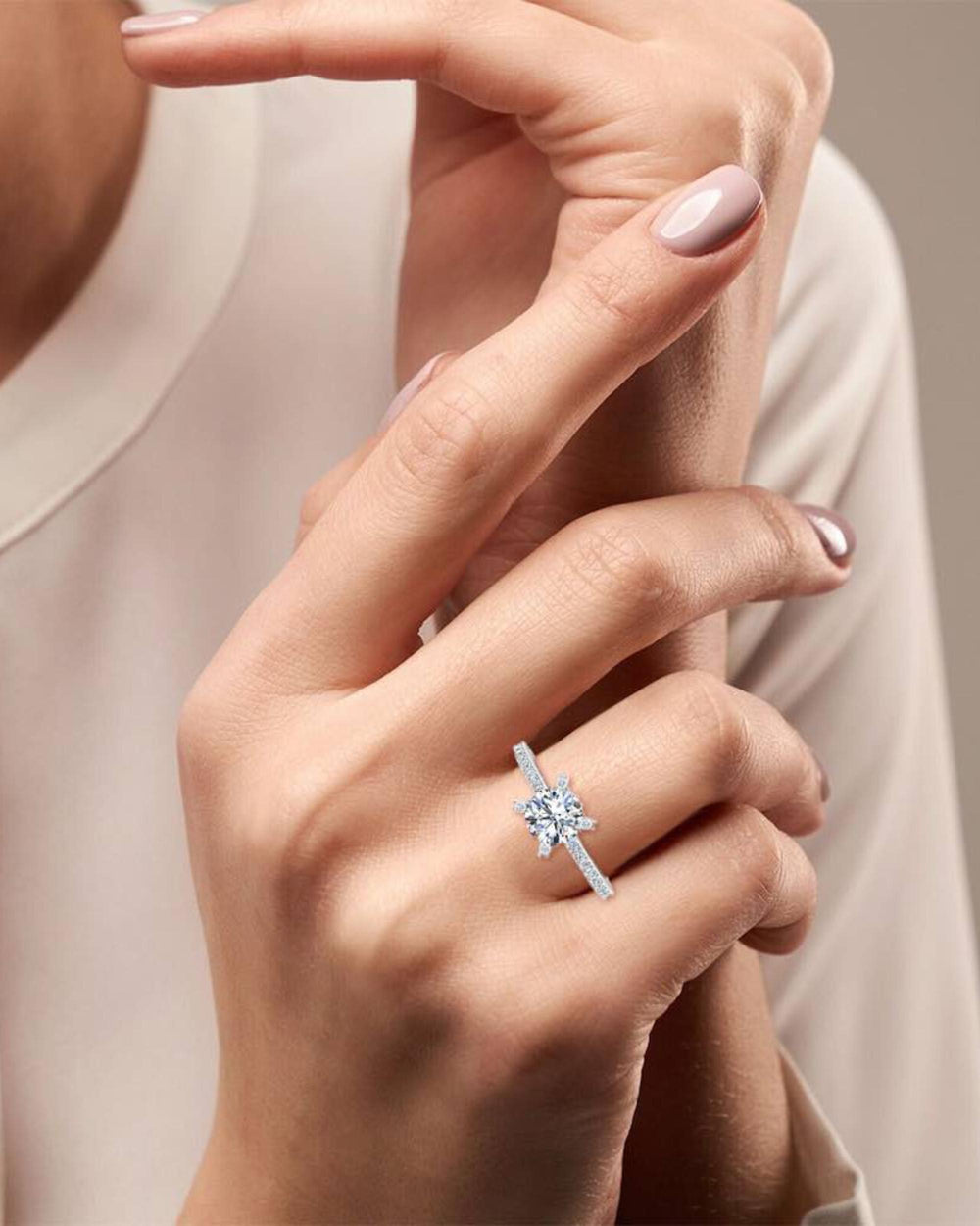 brilliant cut prong bezel moissanite engagement ring icecartel hand model