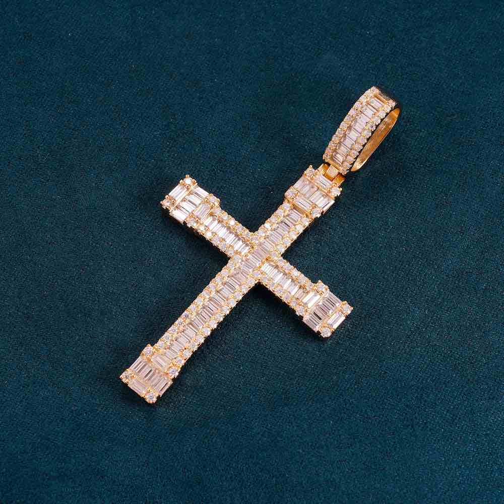 Clear Cut Moissanite Cross Pendant 14K Gold front