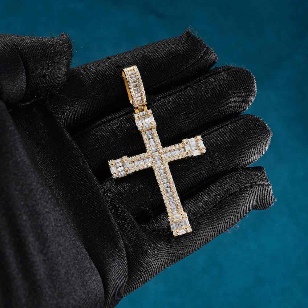 Clear Cut Moissanite Cross Pendant 14K Gold hand