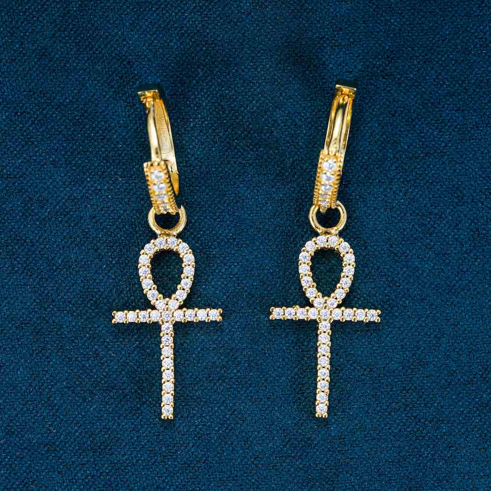 Cross hoop thin earrings 14k yellow gold