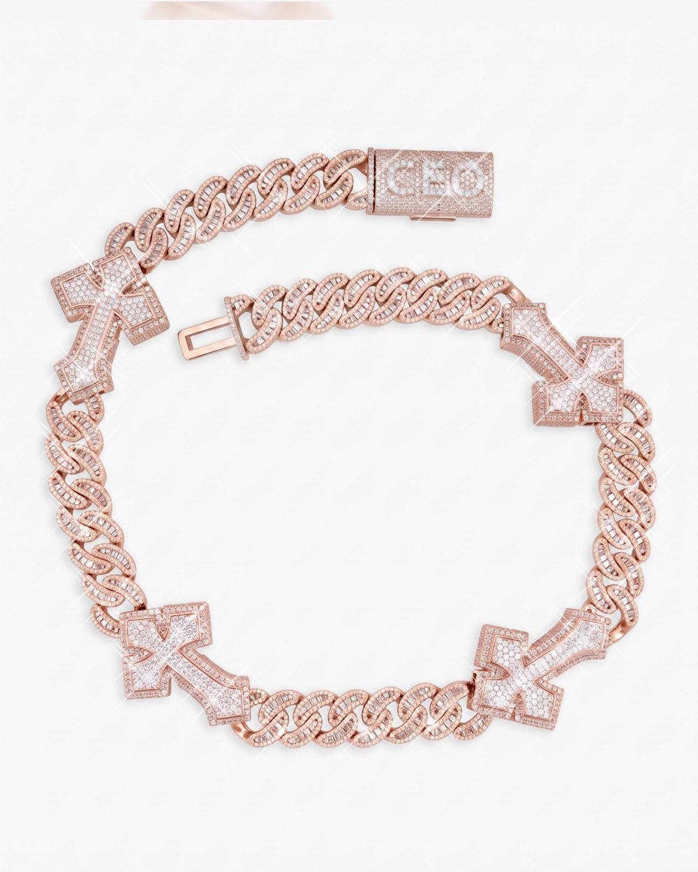 CUSTOM CLASP 15MM Moissanite Baguette Cross Miami Cuban Link Chain 14K Gold - Rose Gold