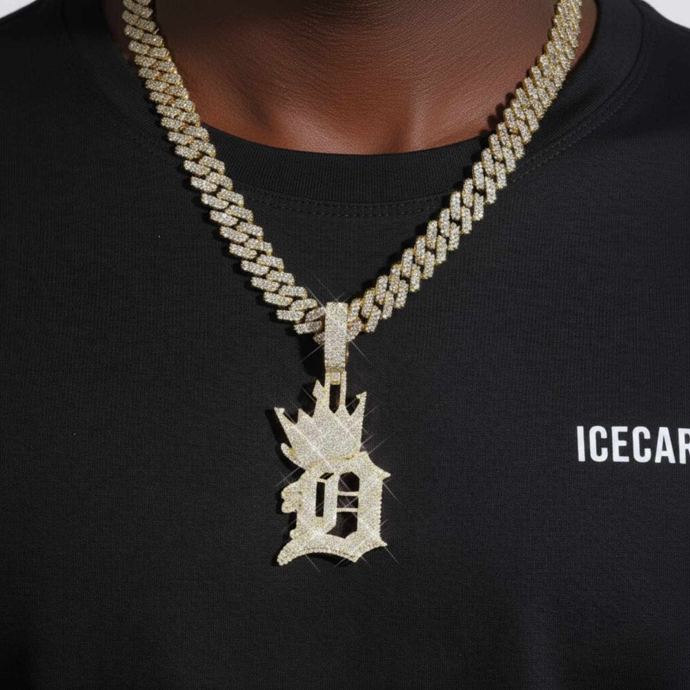custom moissanite crowned letter d pendant 14k gold icecartel model11