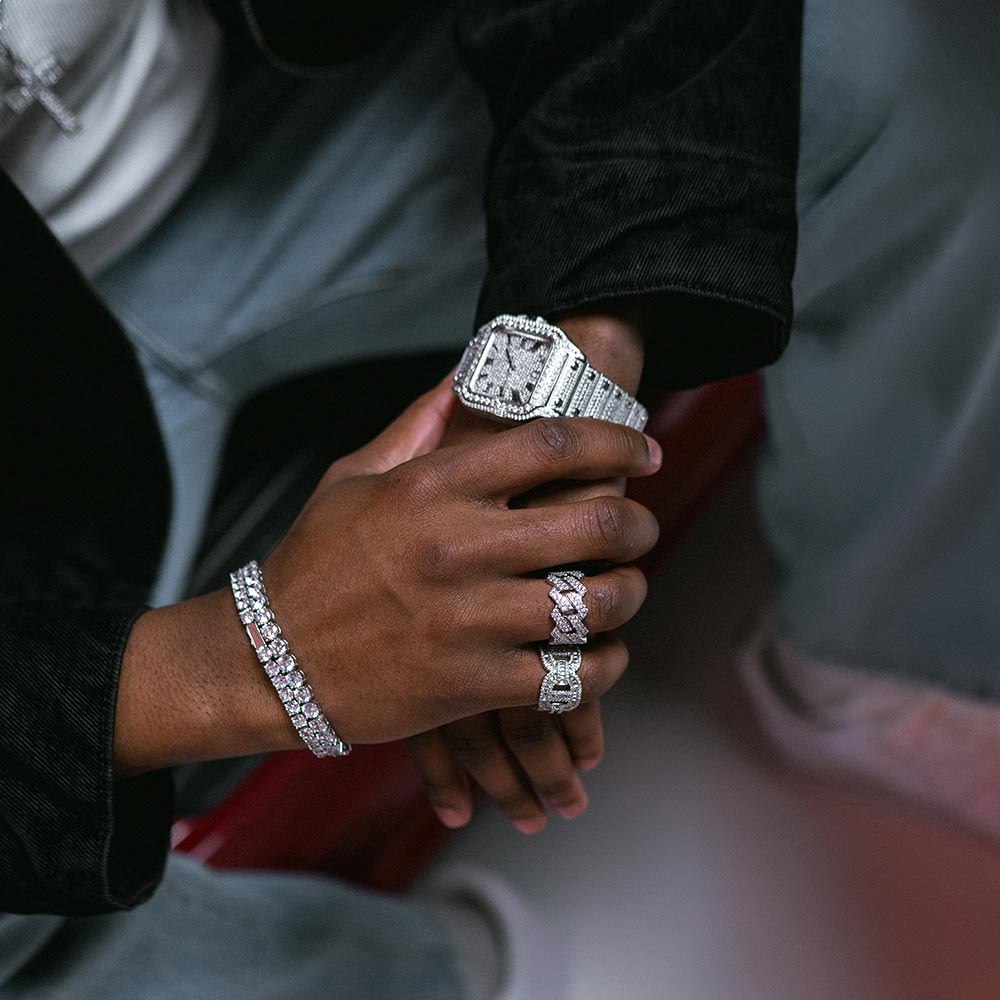 icecartel model wearing cuban link ring tennis bracelet moissanite watch