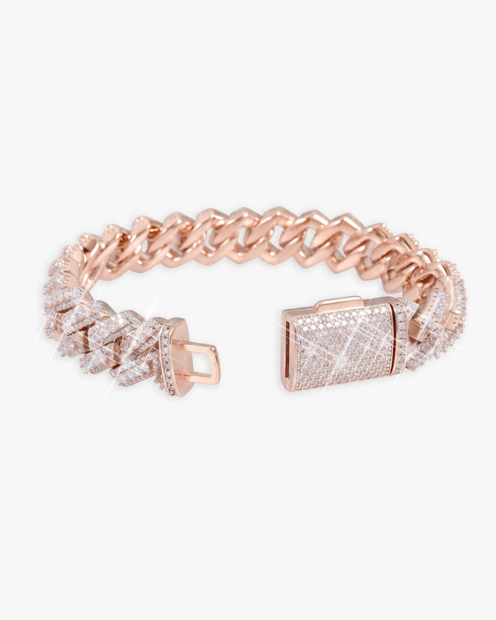 15MM Moissanite Clustered Cuban Link Bracelet 14K Gold - Rose Gold