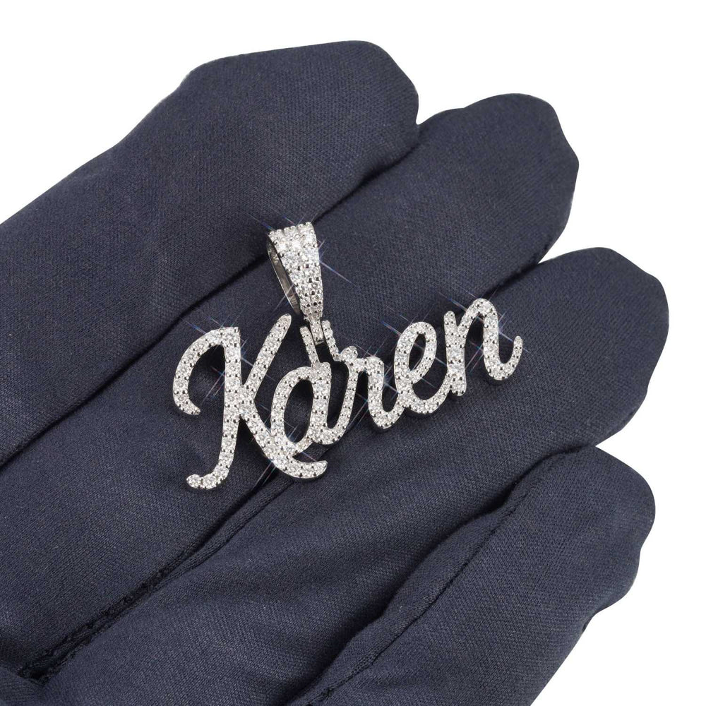 karen moissanite custom name pendant 14k gold ICECARTEL hand