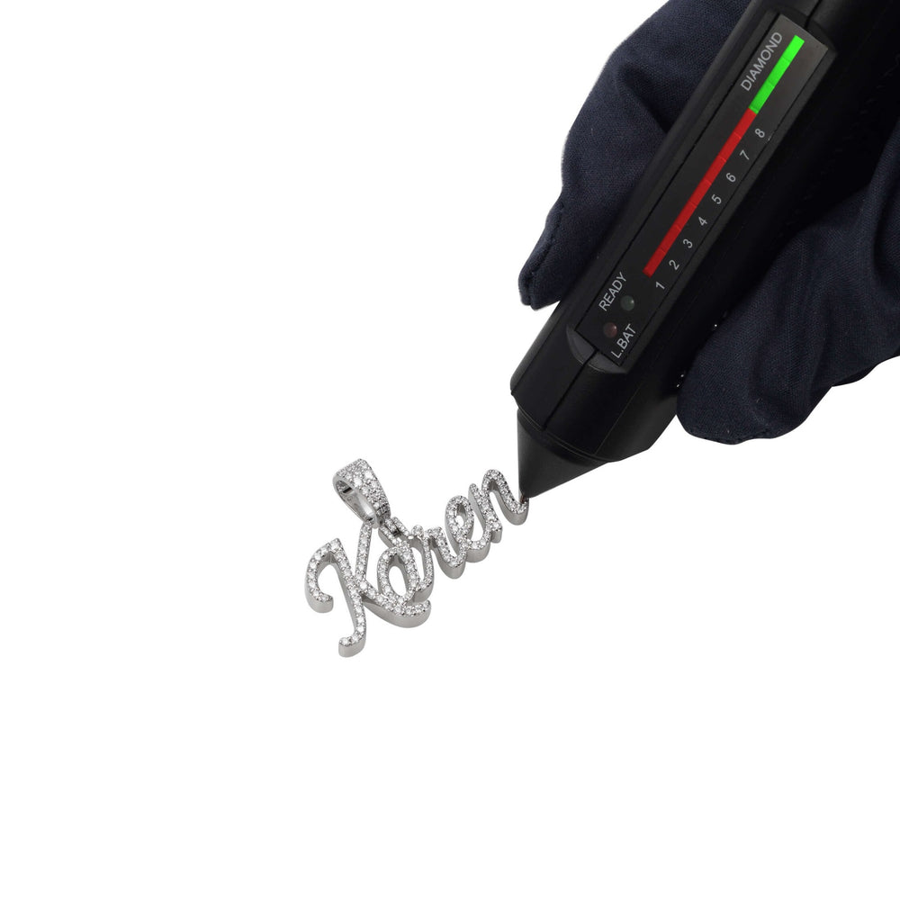 karen moissanite custom name pendant 14k gold ICECARTEL test