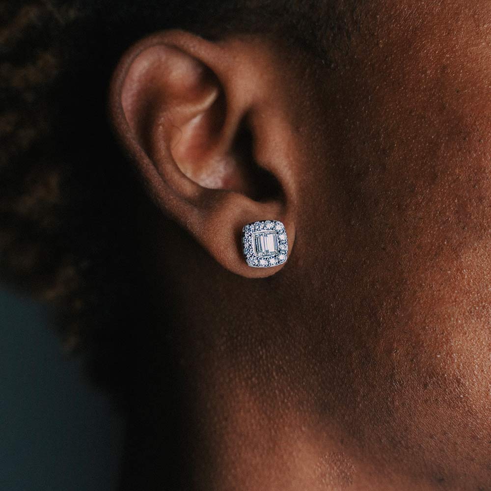 man wearing 10mm moissanite baguette earrings
