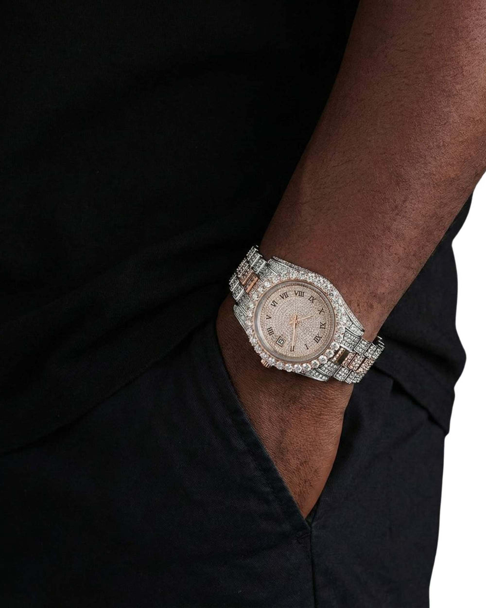 man wearing moissanite presidential watch rose gold 3 icecartel px