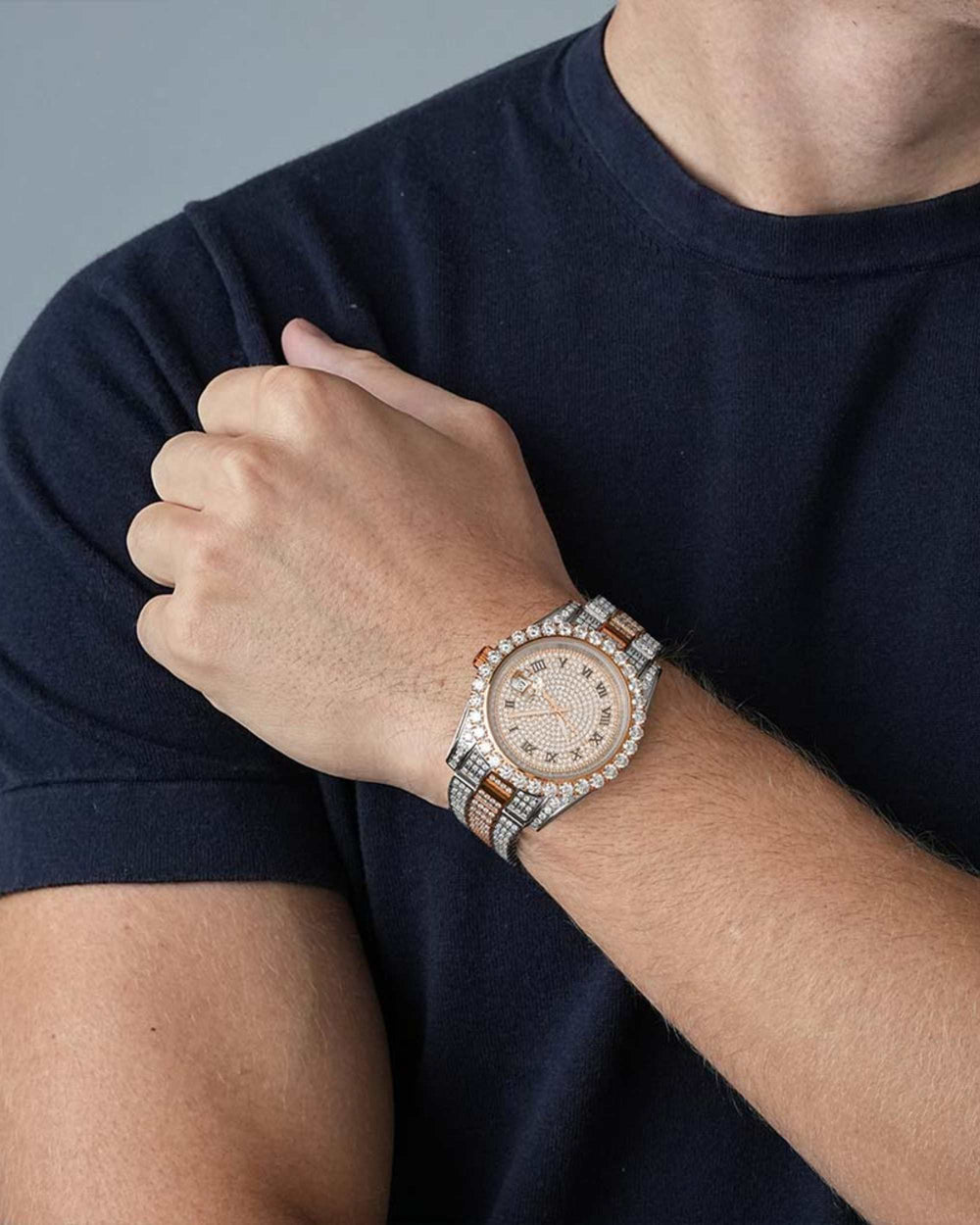 man wearing moissanite presidential watch rose gold px