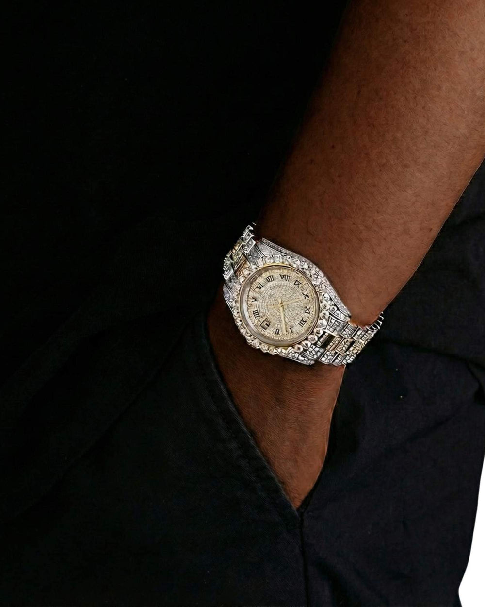 man wearing moissanite presidential watch two tone roman dial 4 icecartel px