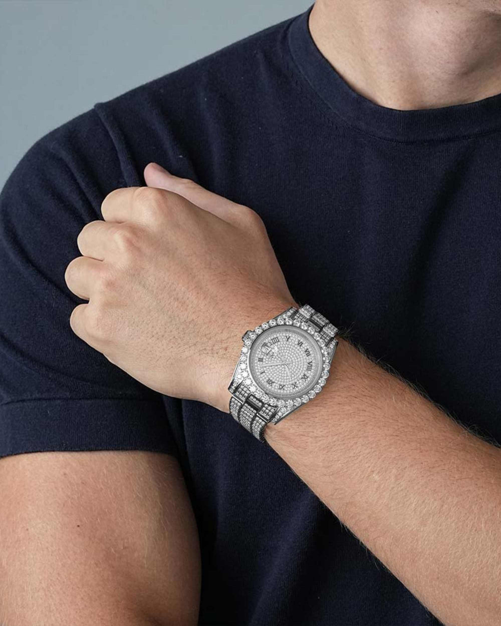 man wearing moissanite presidential watch white gold px
