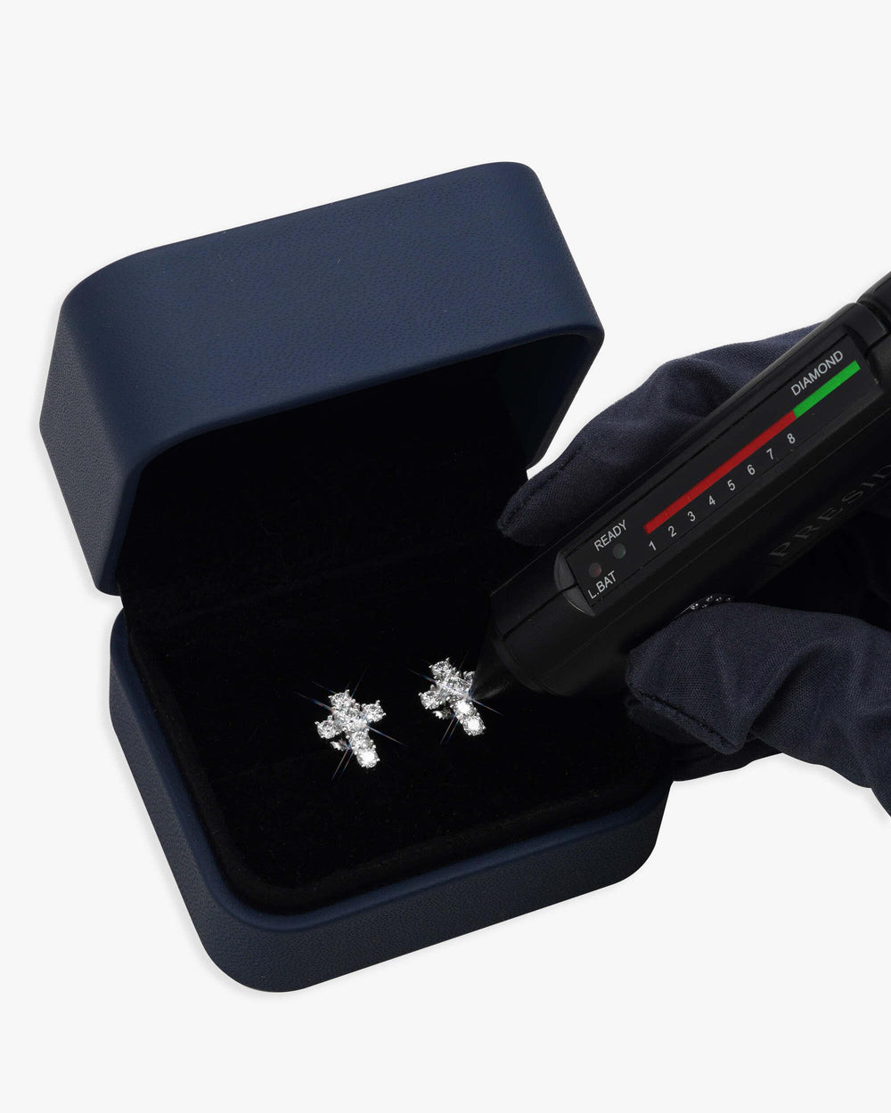 medium cross moissanite earrings 14k gold icecartel box