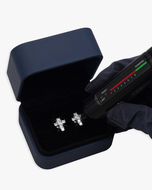 medium cross moissanite earrings 14k gold icecartel box