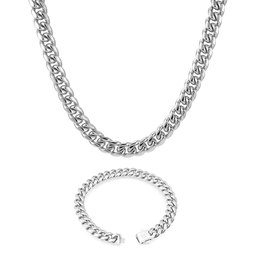10MM Cuban Link Chain and Bracelet Bundle Silver