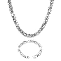 10MM Cuban Link Chain and Bracelet Bundle Silver