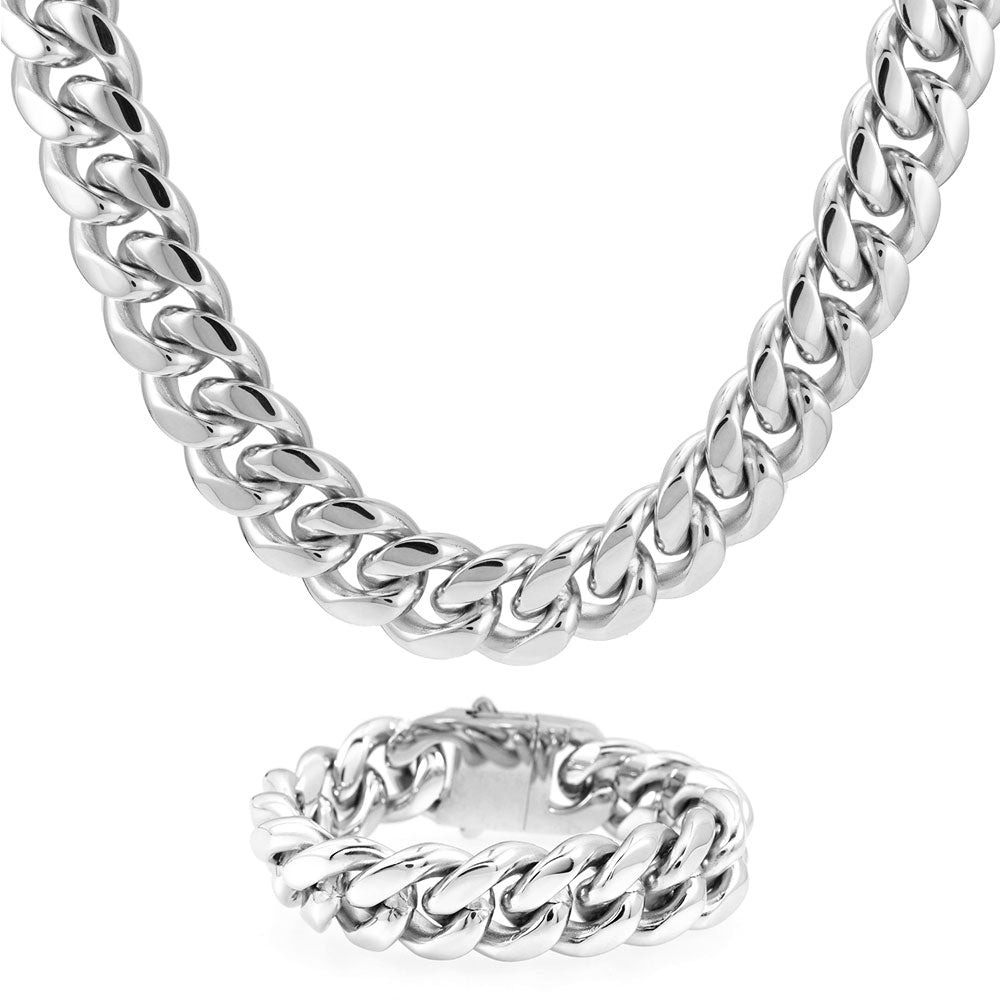 18MM Cuban Link Chain and Bracelet Bundle Silver