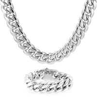 18MM Cuban Link Chain and Bracelet Bundle Silver