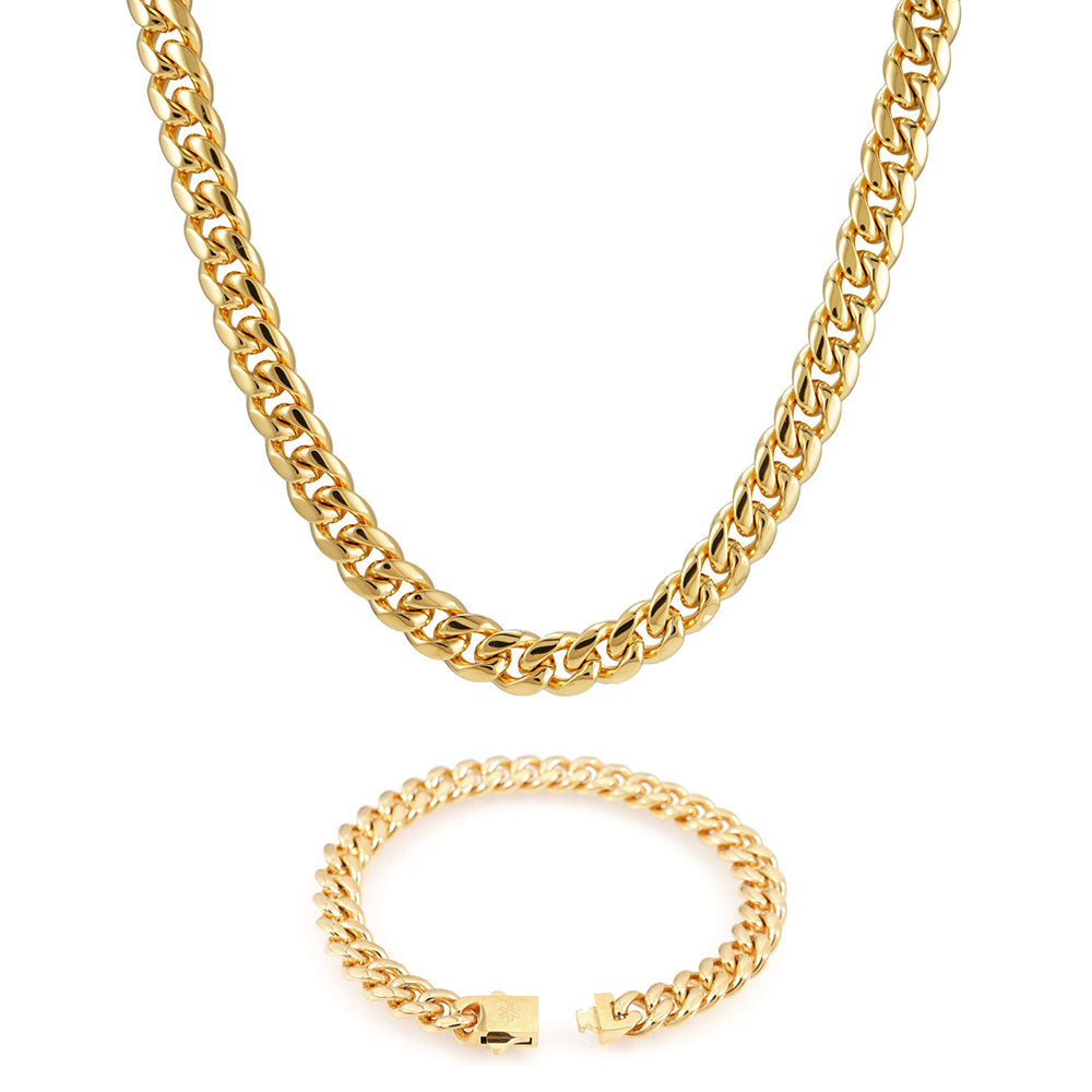 10MM Cuban Link Chain and Bracelet Bundle 14K Gold