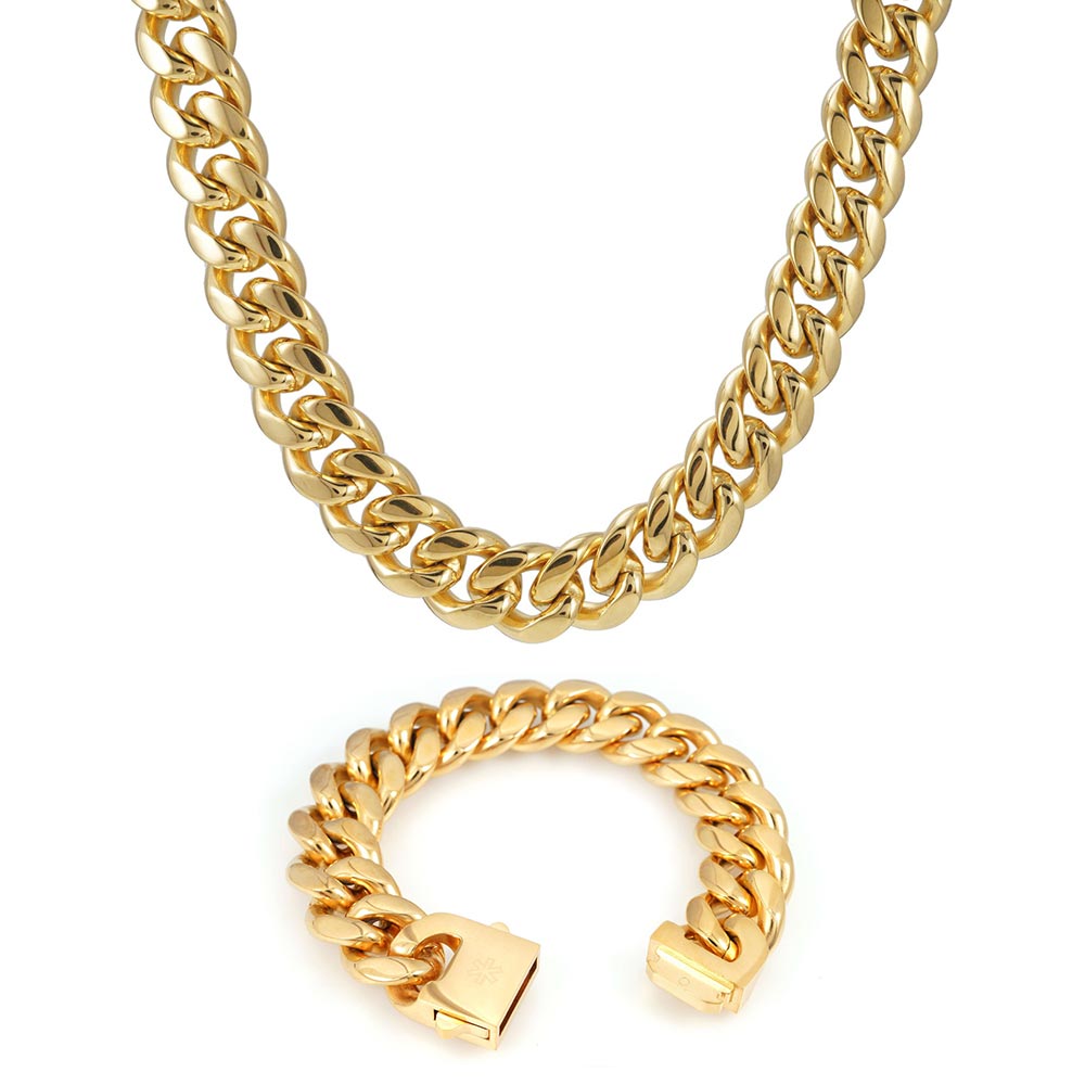 18MM Cuban Link Chain and Bracelet Bundle 14K Gold