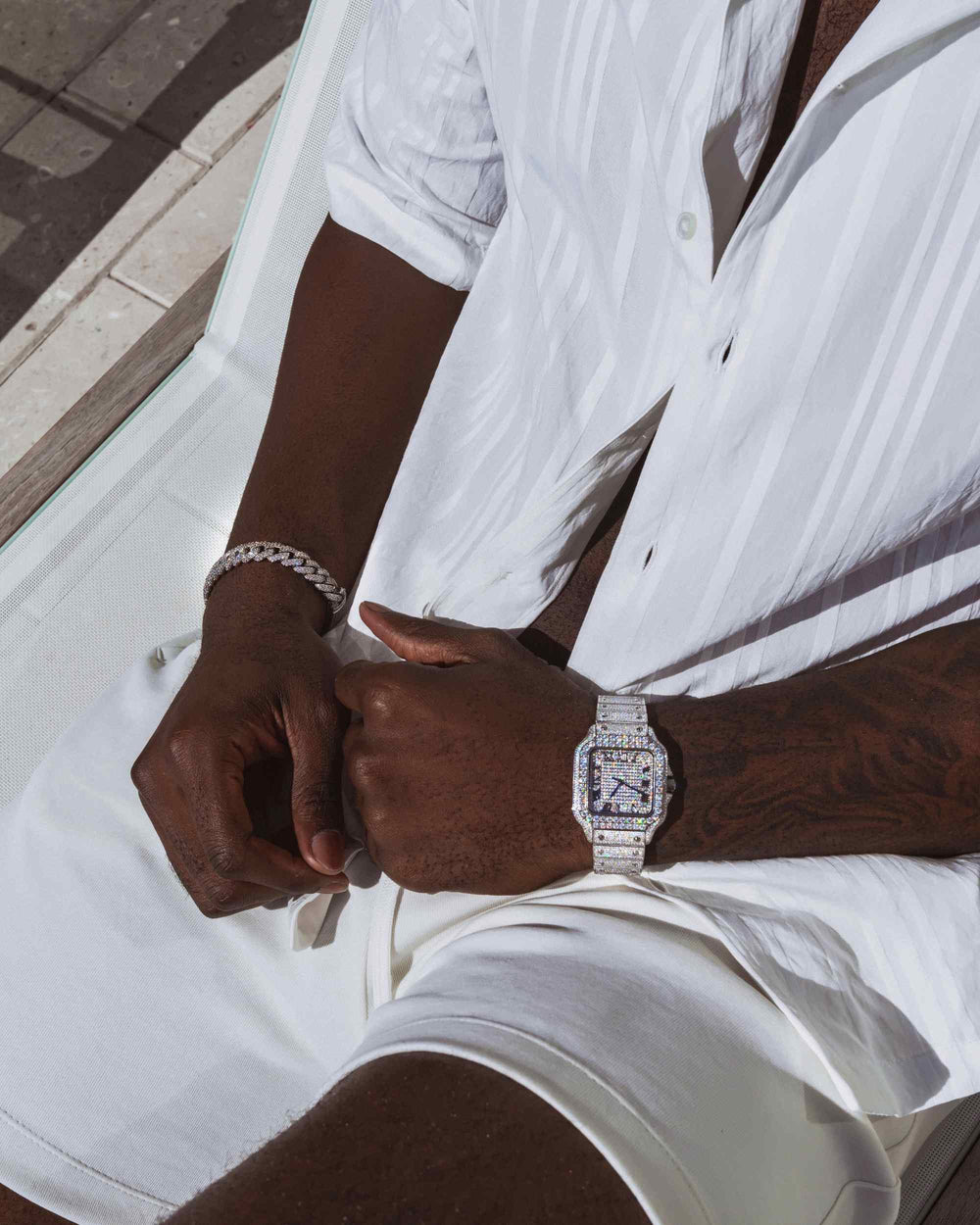 Men's VVS Moissanite Watch | 42MM | 16CT Bust Down | 14K White Gold