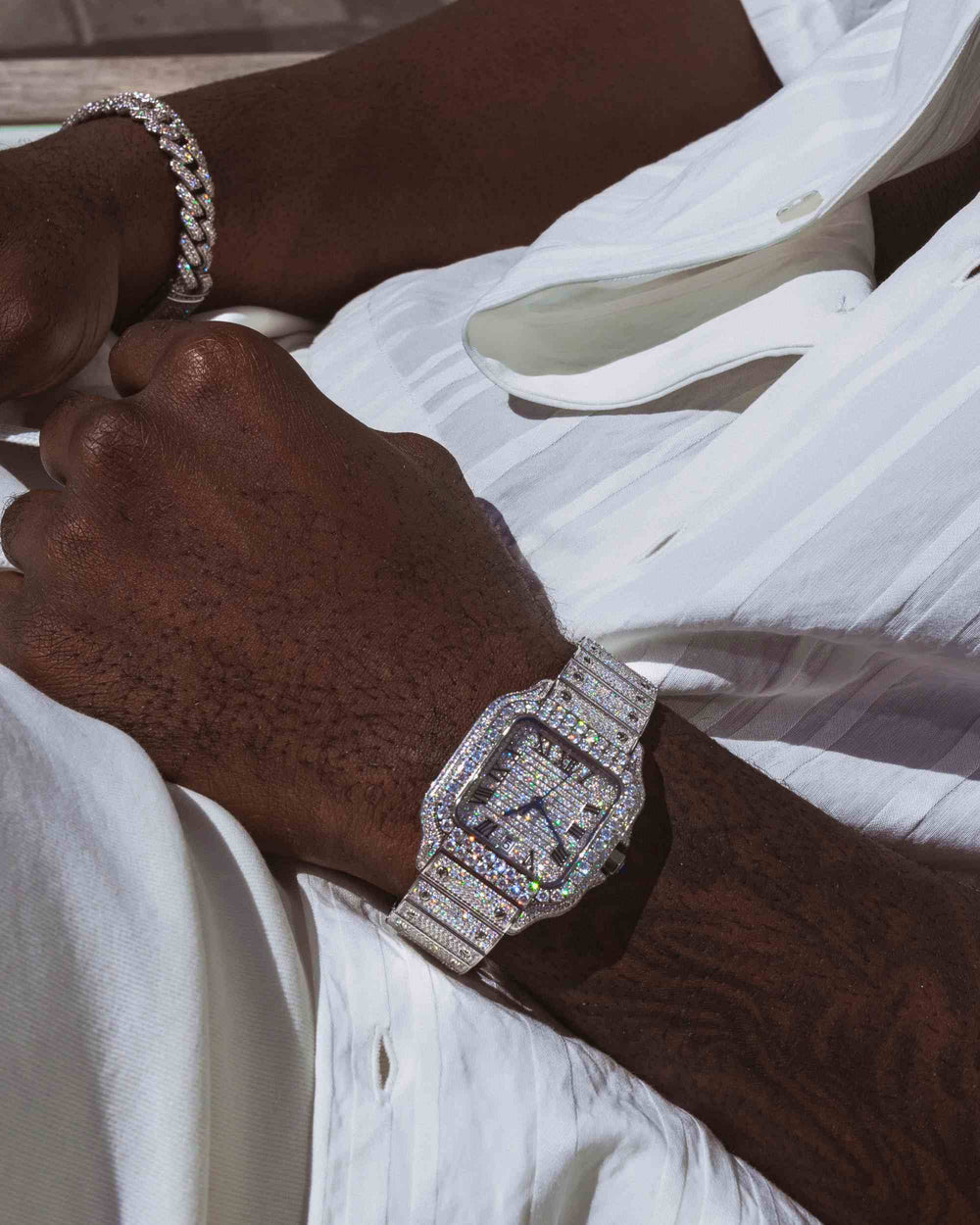 Men's VVS Moissanite Watch | 42MM | 16CT Bust Down | 14K White Gold