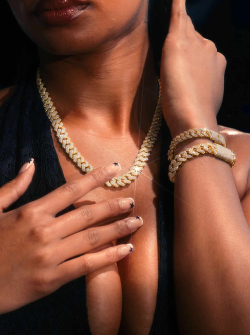 10MM Moissanite Cuban Link Chain/Bracelet Bundle 14K Gold