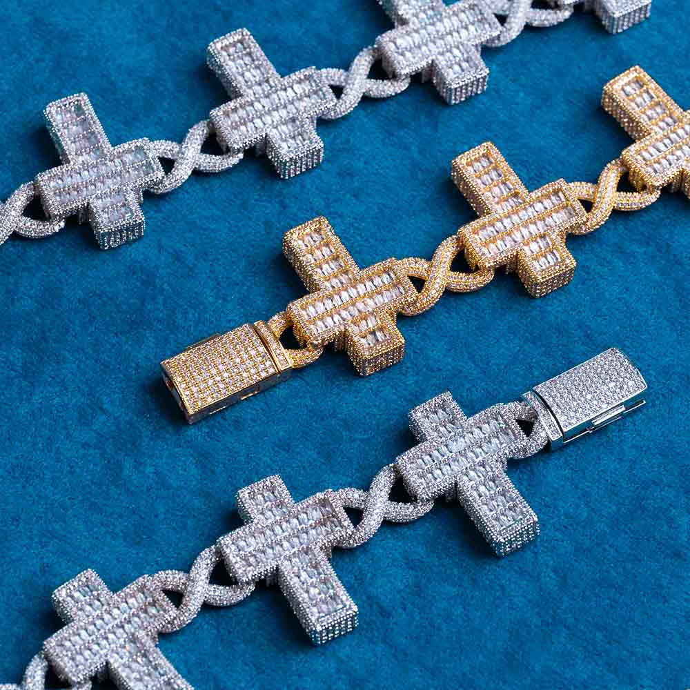 moissanite baguette cross infinity link chain box clasp