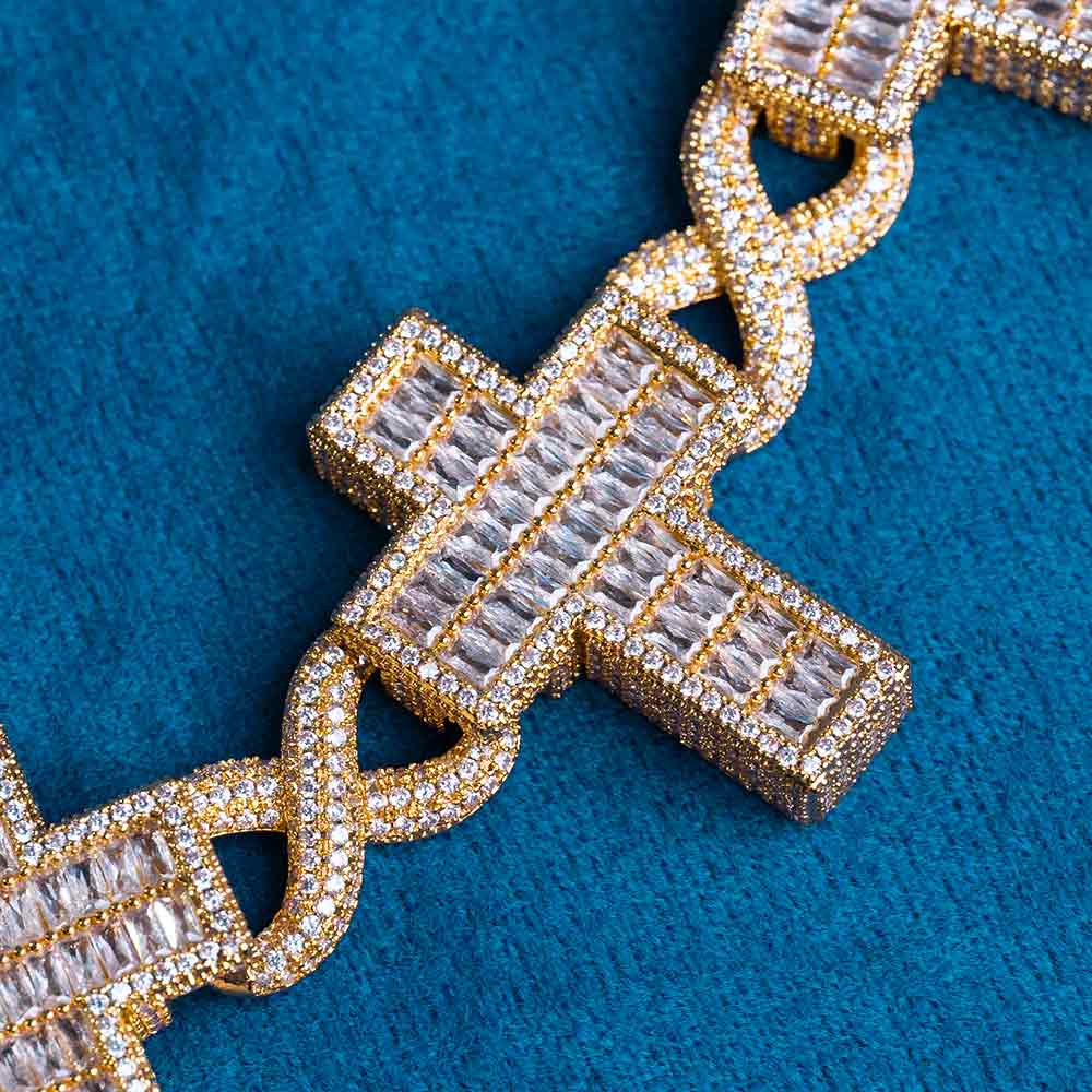 moissanite baguette cross infinity link chain necklace 14k gold