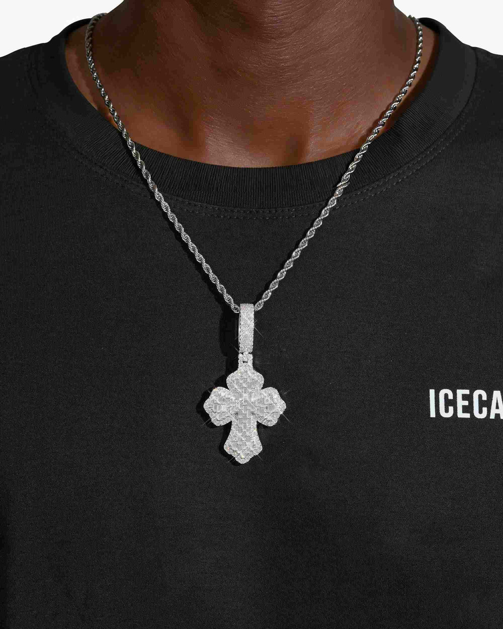 moissanite baguette cross pendant 14k gold icecartel model