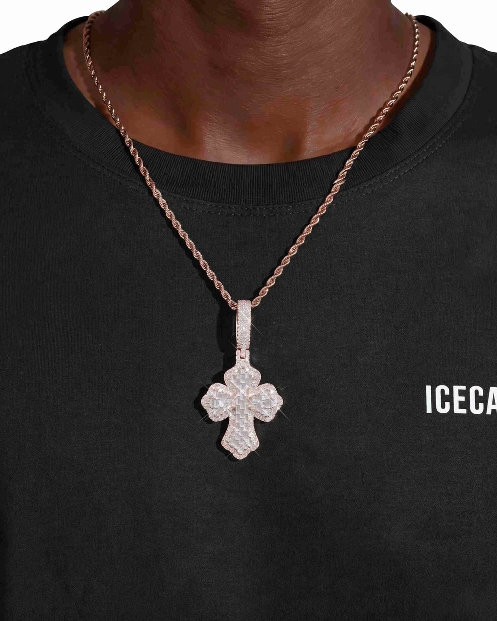 Moissanite Baguette Cross Pendant 14K Gold - Rose Gold