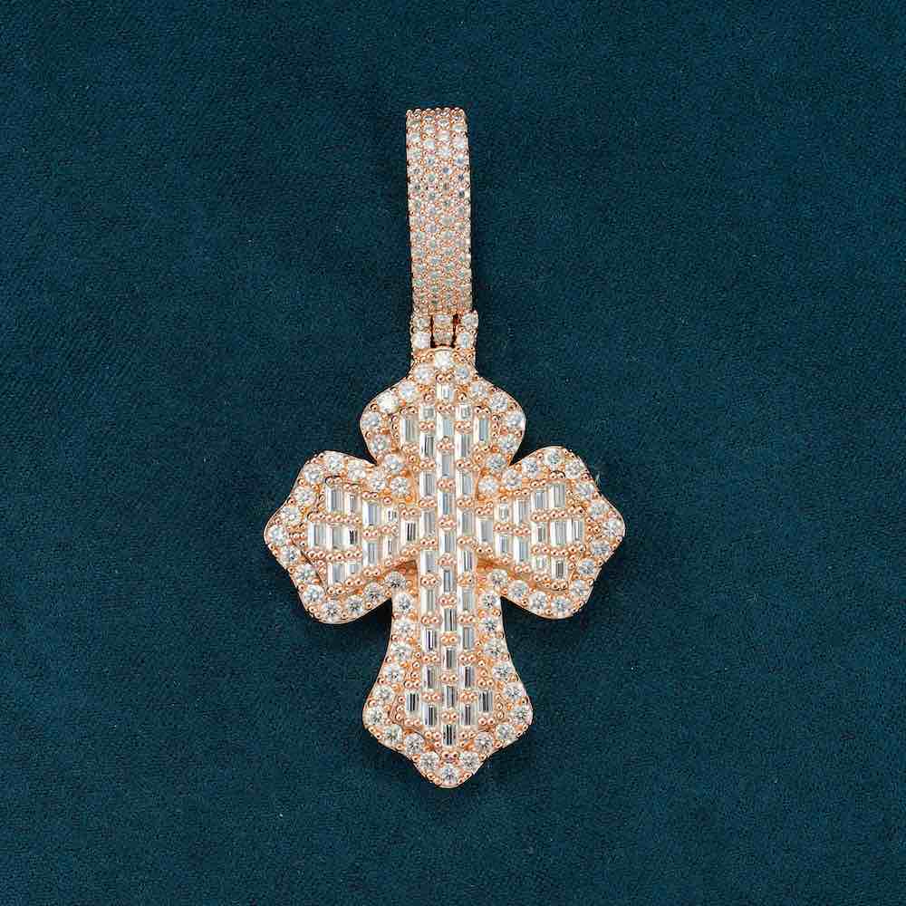 Moissanite Baguette Cross Pendant Rose Gold