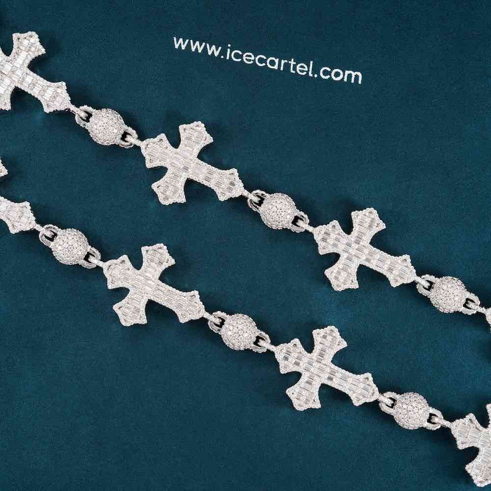 Moissanite Baguette Custom Link Cross Chain 14k close 2 rows