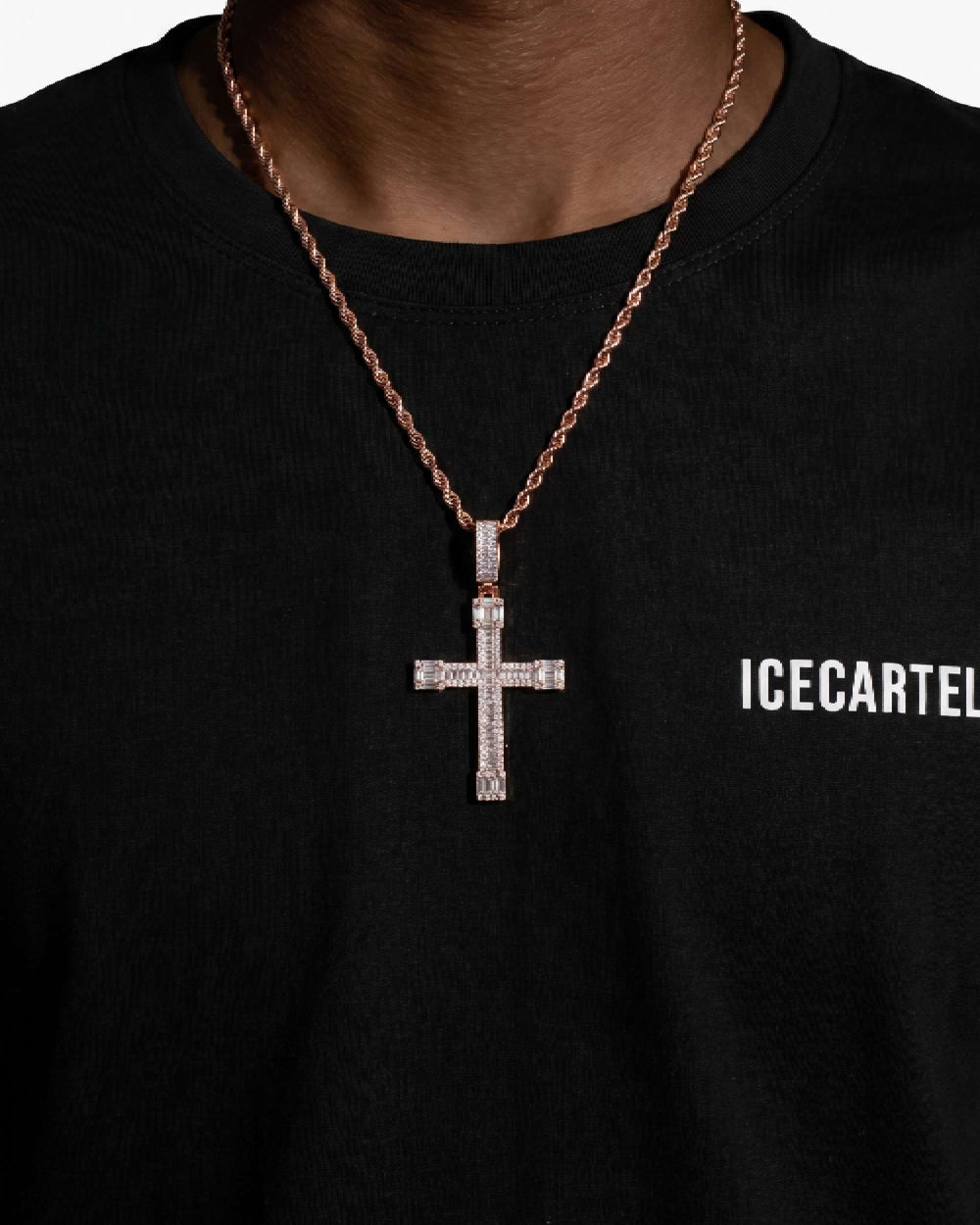 moissanite baguette cut cross pendant 14k gold icecartel rose model