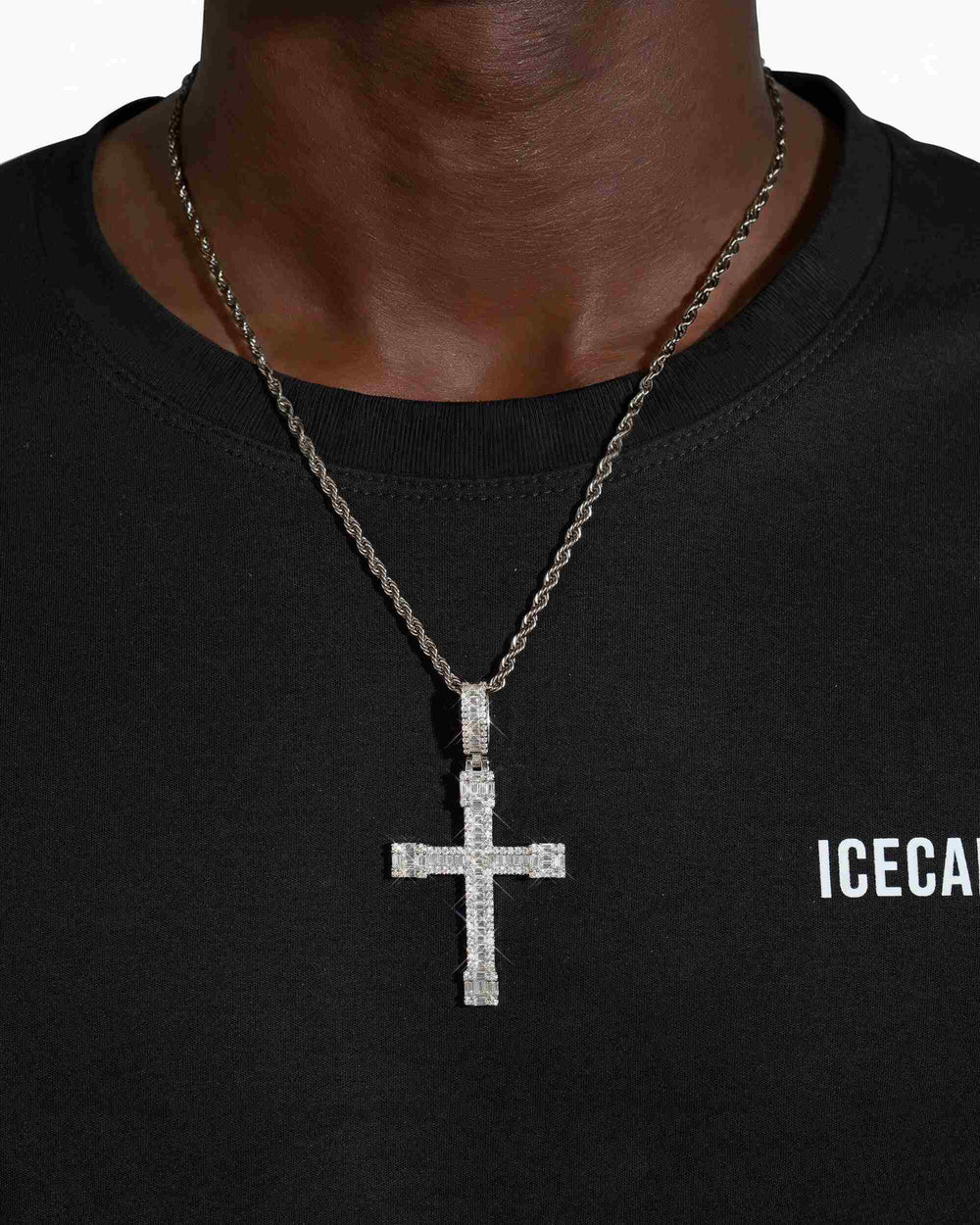 moissanite baguette cut cross pendant 14k gold icecartel white model