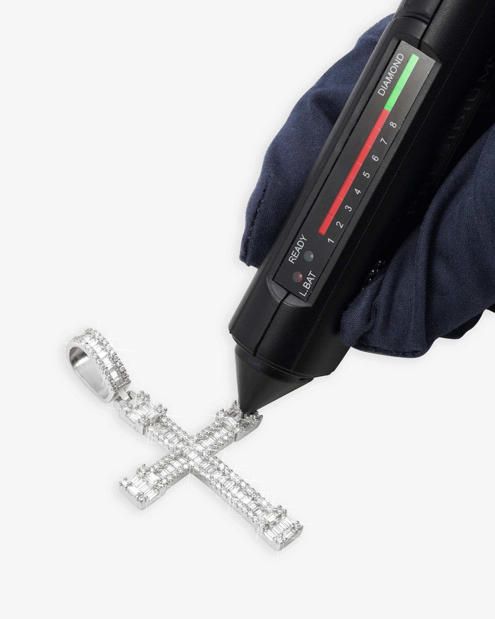 moissanite baguette cut cross pendant 14k gold icecartel white test