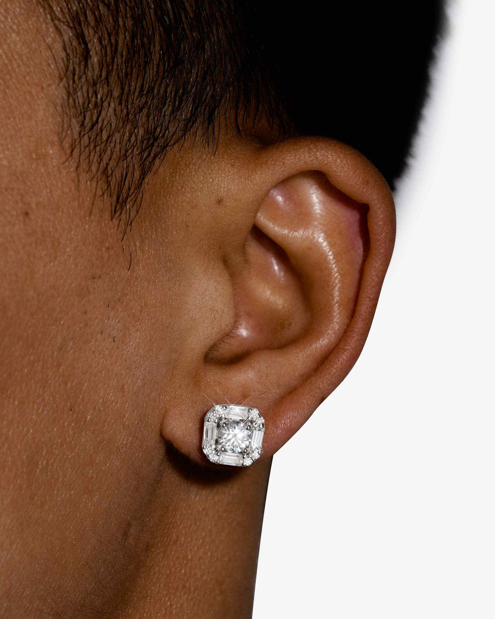 moissanite baguette halo stud earrings 14k gold icecartel white model