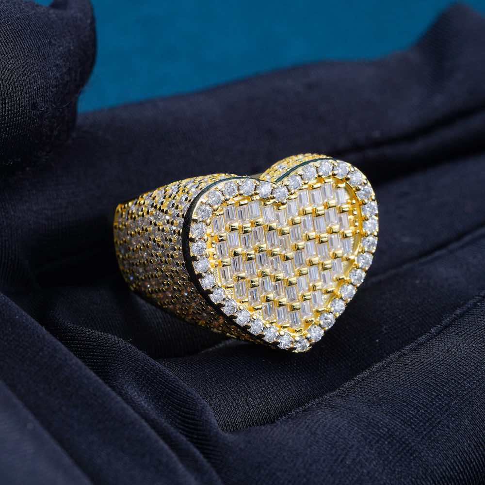 moissanite baguette heart shape ring yellow gold hand