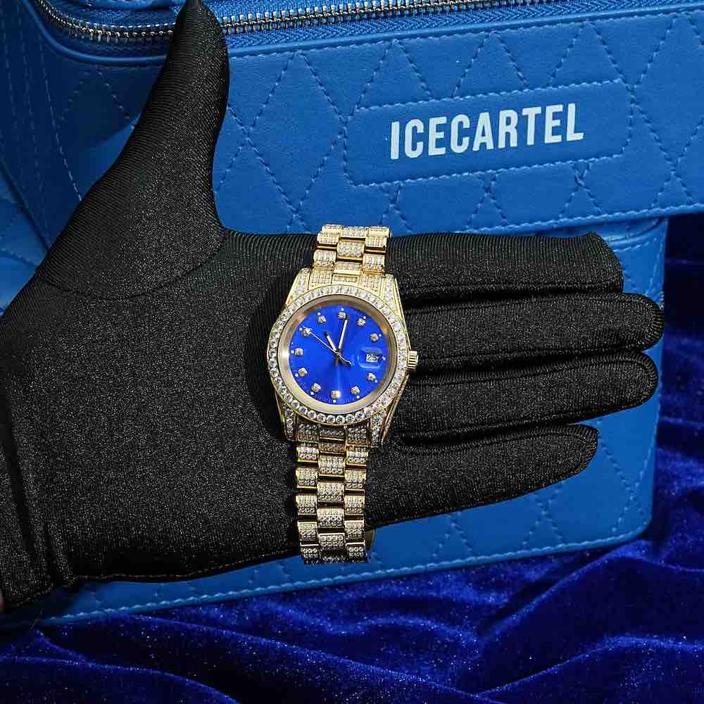 moissanite blue face presidential watch yellow gold hand