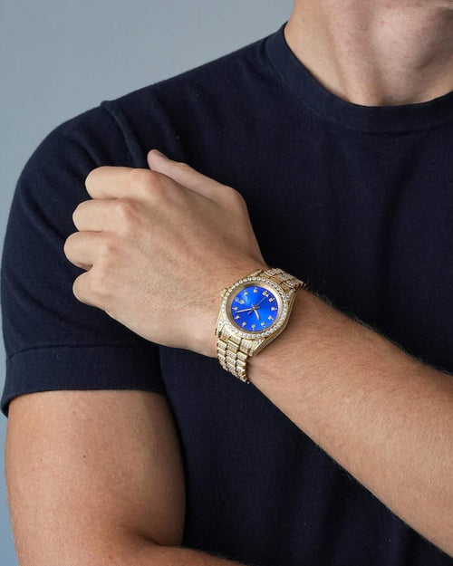 moissanite blue face presidential watch yellow gold model px