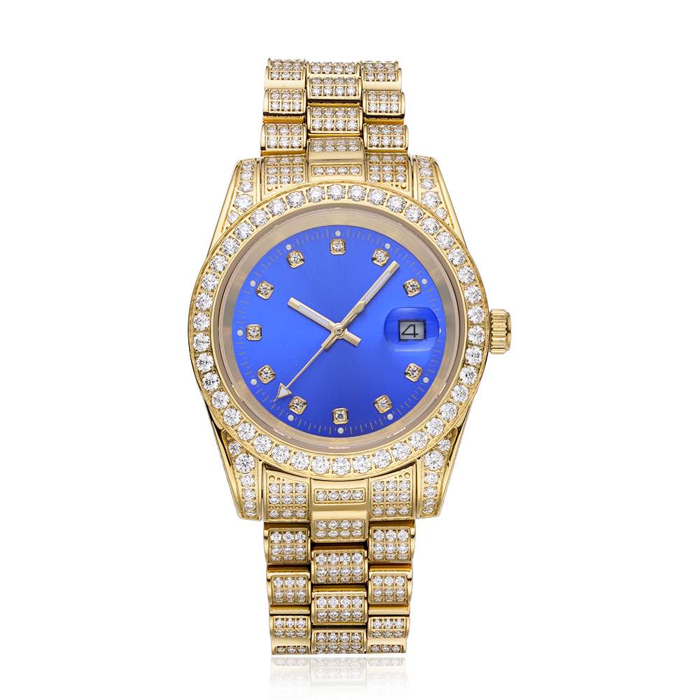 moissanite blue face presidential watch yellow gold white background