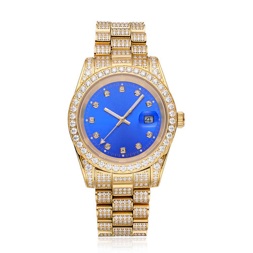 moissanite blue face presidential watch yellow gold white background