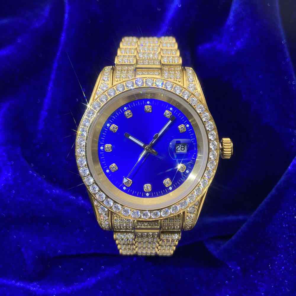 moissanite blue face presidential watch yellow gold