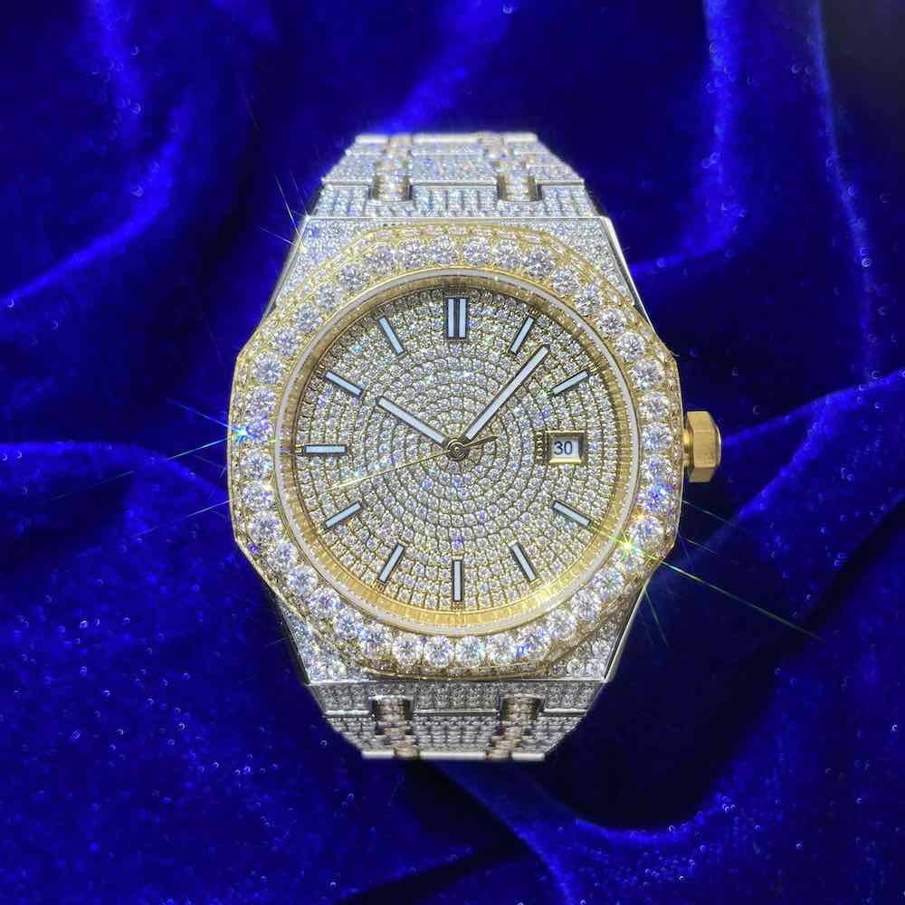 moissanite bust down watch 14k yellow gold front