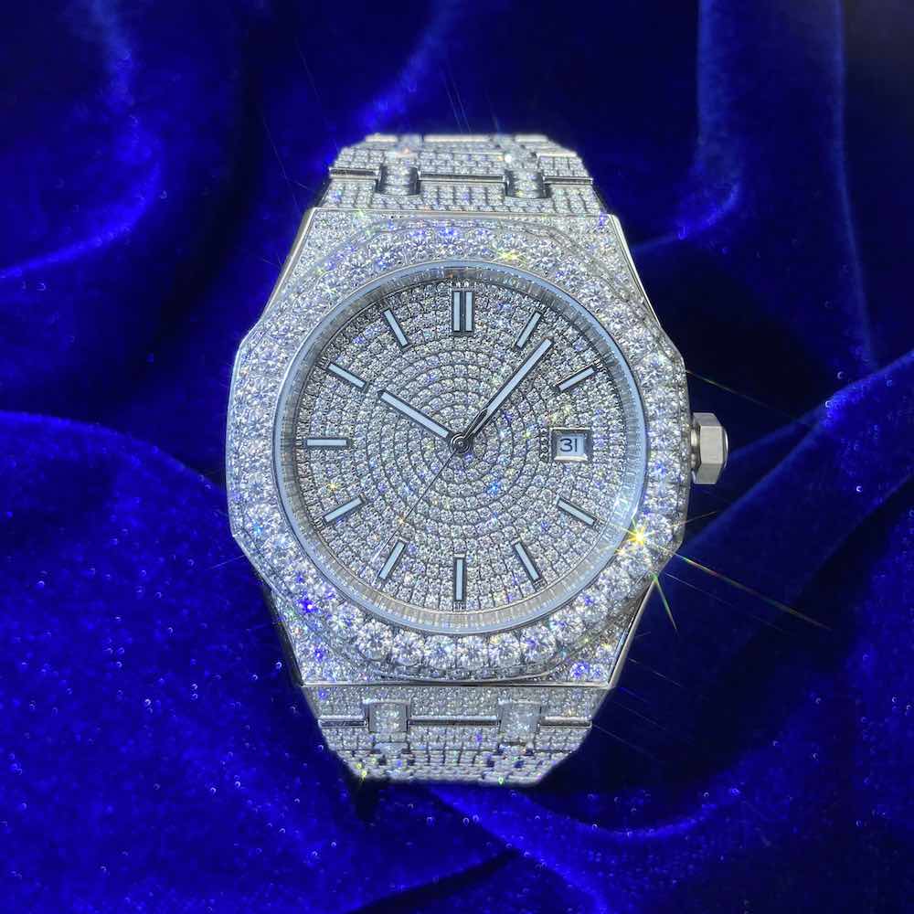 Moissanite Skeleton Watch 42MM 14K White Gold 14.1CT Bust Down