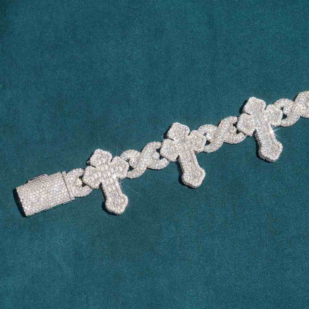 moissanite cross infinity link bracelet 14k clasp