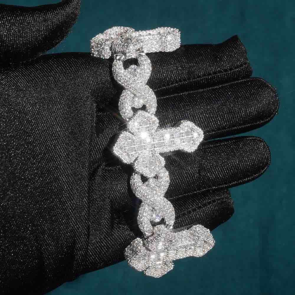 moissanite cross infinity link bracelet 14k hand